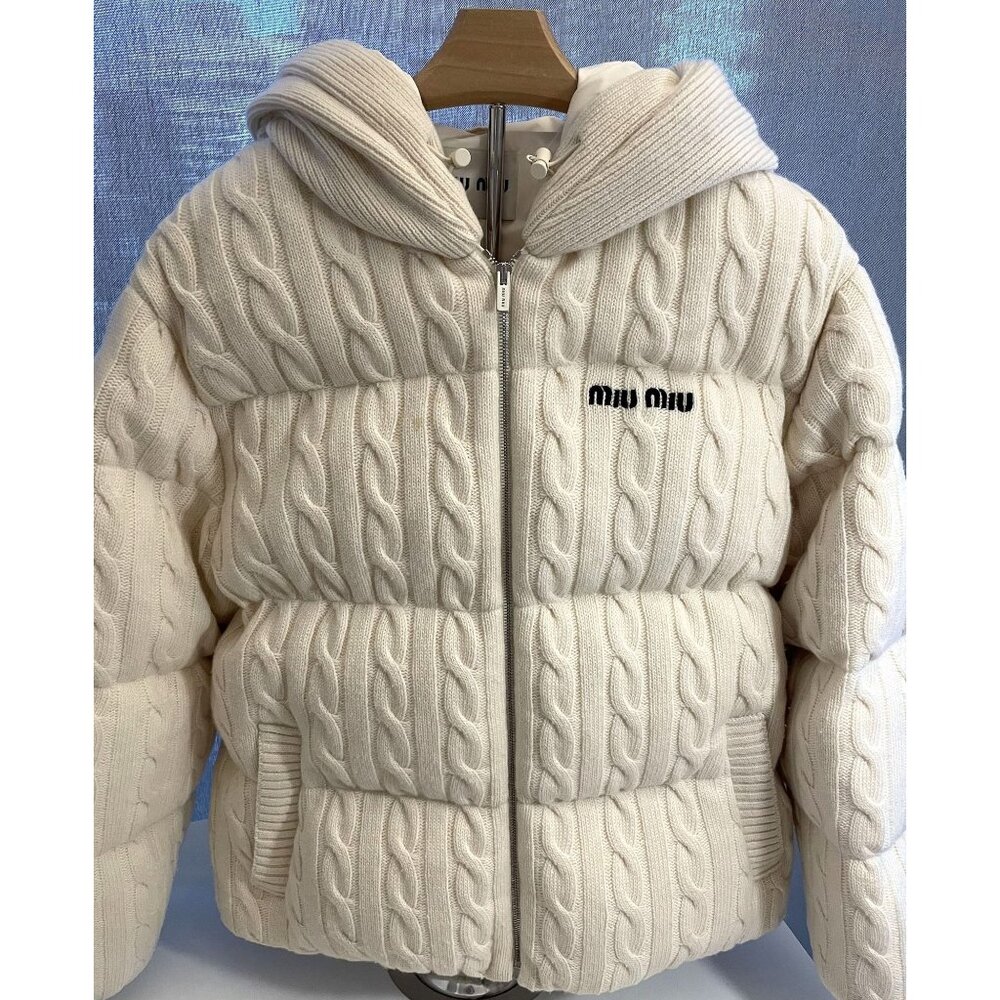 Miu Miu Womens Ivory Cable Knit Puffer Jacket With Hood & Full-Zip Closure